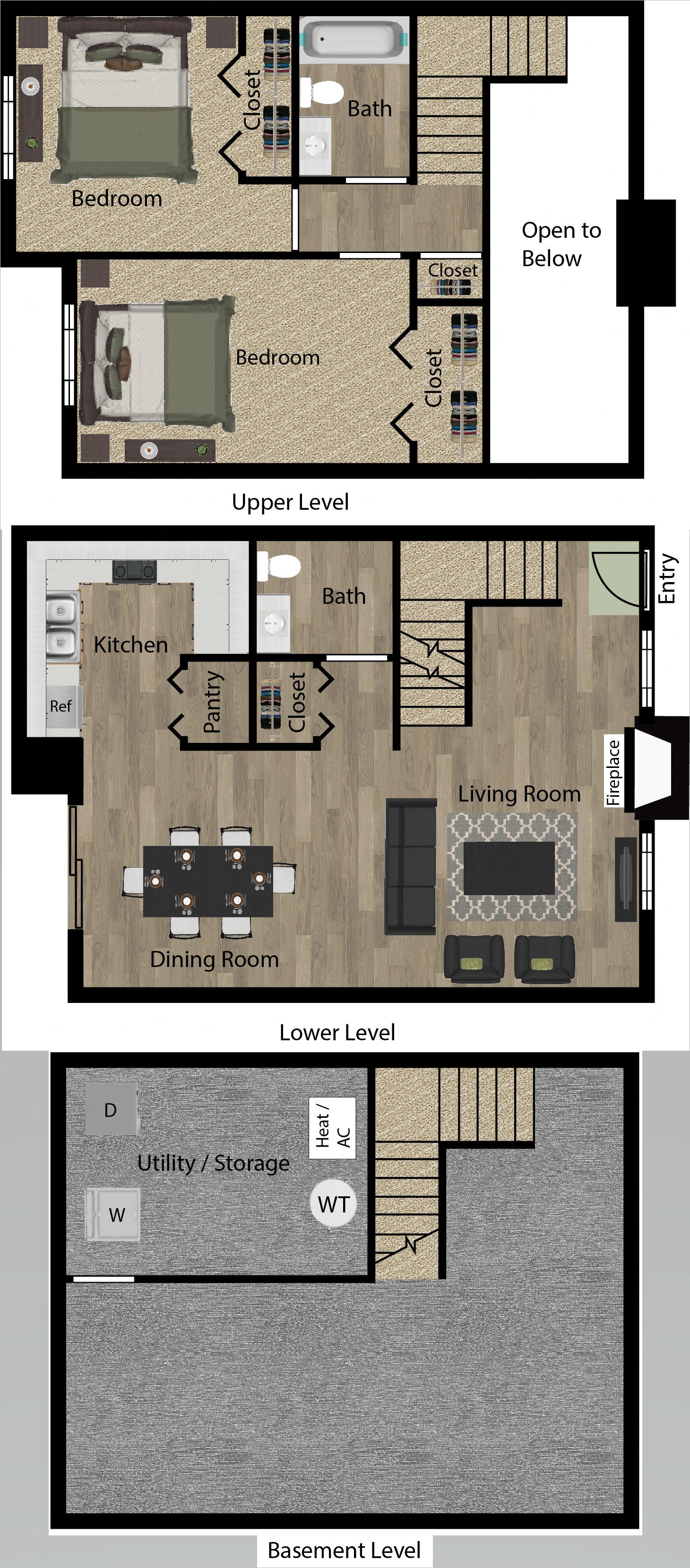 Floor plan for 2 beds, 1.5 baths, 1250 sqft